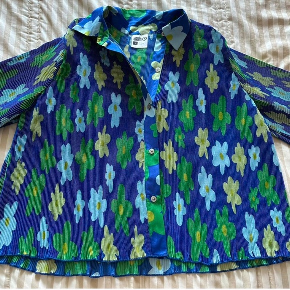 SAMMY B Stretchy Comfortable Button Down Blouse Pleated Plisse 3X Blue  NWOT - Picture 7 of 9